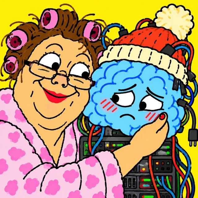Mom squeezing her son, who is a brain, by the cheek